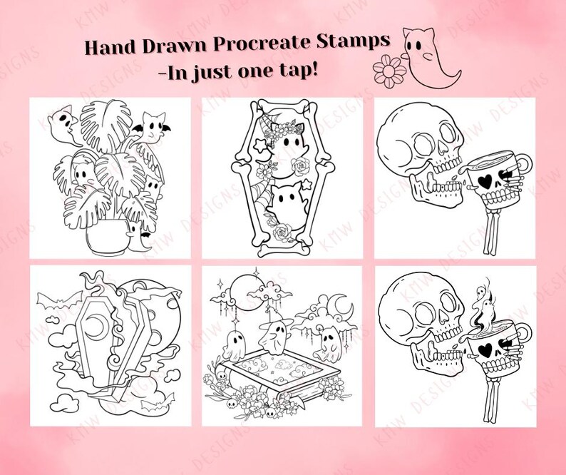 40 Procreate Spooky Cute Stamps | Cute Skulls, Ghosts & Flowers | Procreate Illustrations | Tattoo Designs | Procreate Digital Brush Pack