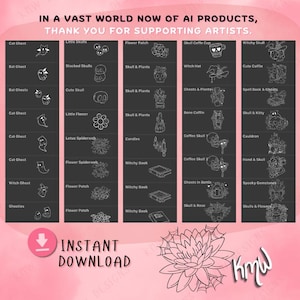 40 Procreate Spooky Cute Stamps | Cute Skulls, Ghosts & Flowers | Procreate Illustrations | Tattoo Designs | Procreate Digital Brush Pack