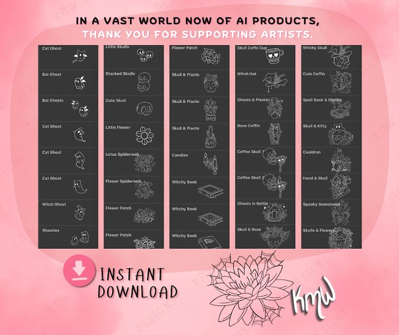 40 Procreate Spooky Cute Stamps | Cute Skulls, Ghosts & Flowers | Procreate Illustrations | Tattoo Designs | Procreate Digital Brush Pack