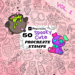Pode incluir: Imagem com 50 carimbos Procreate "Spooky Cute", apresentando várias ilustrações temáticas de Halloween. A imagem inclui um caldeirão com líquido verde, uma boneca vodu e outros desenhos assustadores e fofos, em um fundo rosa.