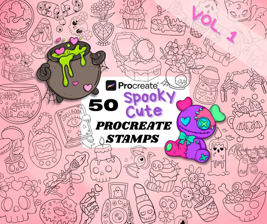 50 Procreate Spooky Cute Stamps | Spooky Skulls & Treats  | Procreate Illustrations | iPad | Tattoo Designs | Procreate Digital Brush Pack