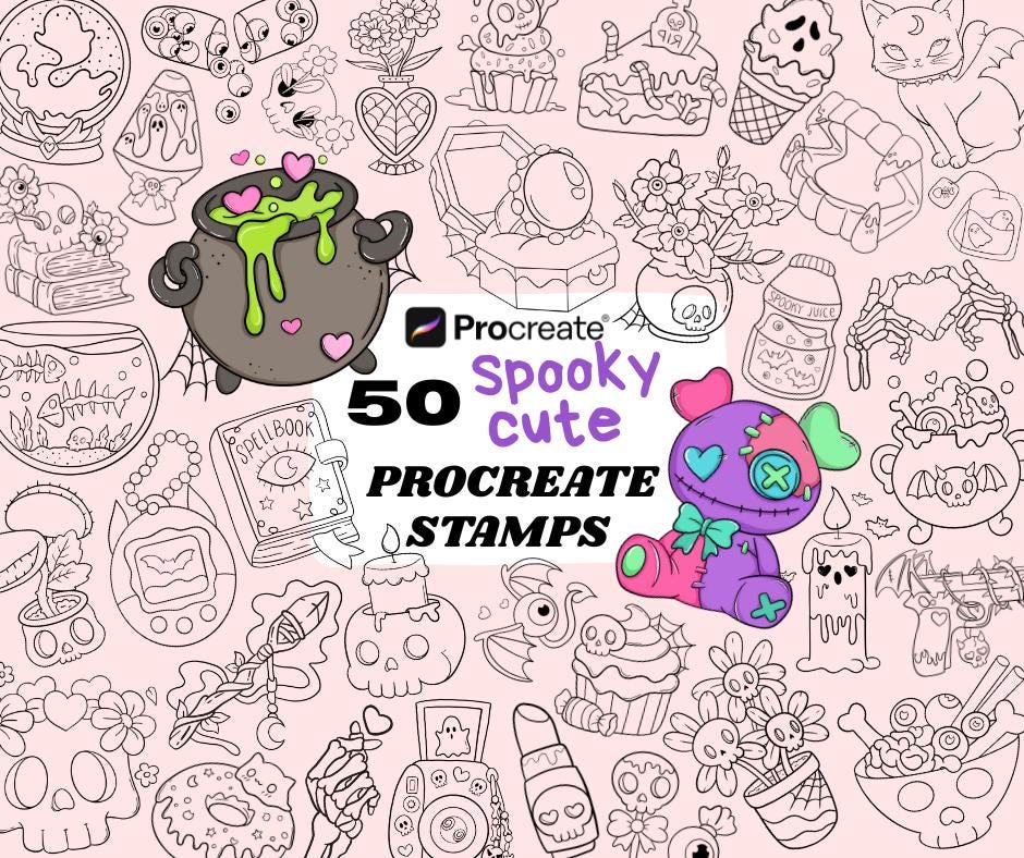 50 Spooky Cute Procreate Stamps — Witchy Skulls, Kawaii Halloween, Floral & Bakery Icons