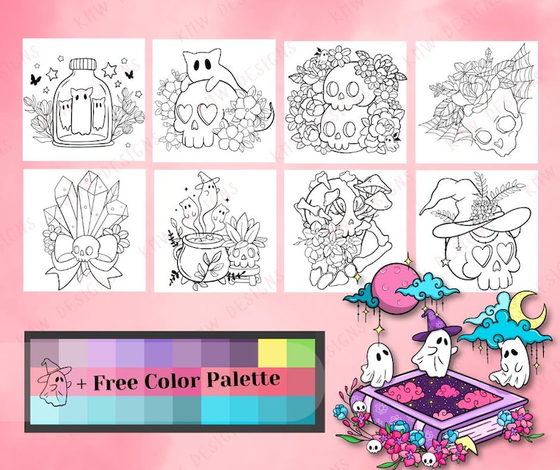 40 Procreate Spooky Cute Stamps | Cute Skulls, Ghosts & Flowers | Procreate Illustrations | Tattoo Designs | Procreate Digital Brush Pack