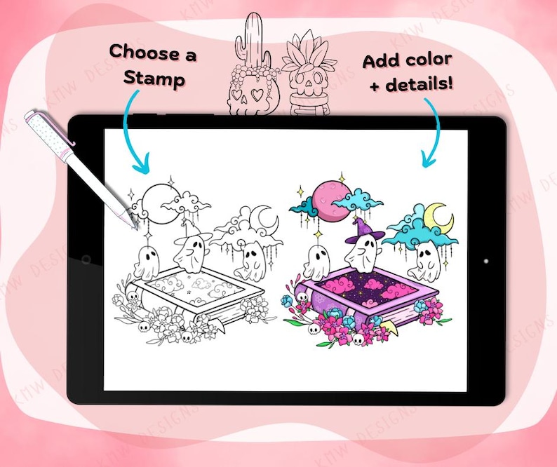 40 Procreate Spooky Cute Stamps | Cute Skulls, Ghosts & Flowers | Procreate Illustrations | Tattoo Designs | Procreate Digital Brush Pack