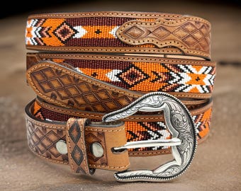 Beaded Leather Tooled Western Engraved Leather Belt 100% Genuine Full Grain Cowhide Engraved Personalized Handmade Genuine Cowboy Belt