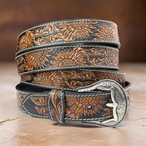 Genuine Leather Western Carved Embossed Tooled Cowboy Cowgirl Floral Strap Belt Full Grain Leather Heavy Duty Removable Buckle