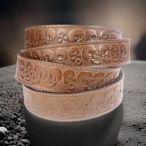 Tooled Western Scull Engraved Leather Belt 100% Genuine Full Grain Cowhide with Snaps 1-1/2&quot; WIDE Leather Snap-On Belt