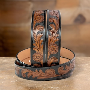 Women Men Tooled Western Floral Engraved Leather Belt 100% Genuine Full Grain Cowhide with Snaps 1-1/2&quot; WIDE Leather Snap-On Belt