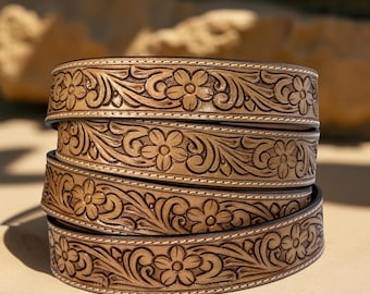 Vrouwen bewerkte leren riem met westerse bloemen gegraveerd 100% echt volnerf rundleer met drukknopen 1-1/2" BREDE leren riem