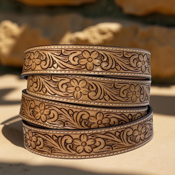 Cintura da donna in pelle stile western con incisioni floreali, 100% vera pelle bovina pieno fiore, con bottoni a pressione, larghezza 3,8 cm.