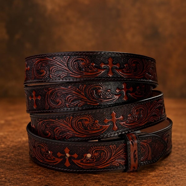 Full Grain Leather Snap-On Belt, Tooled Western Floral Engraved Leather Belt 100% Genuine Full Grain Cowhide with Snaps 1-1/2" WIDE