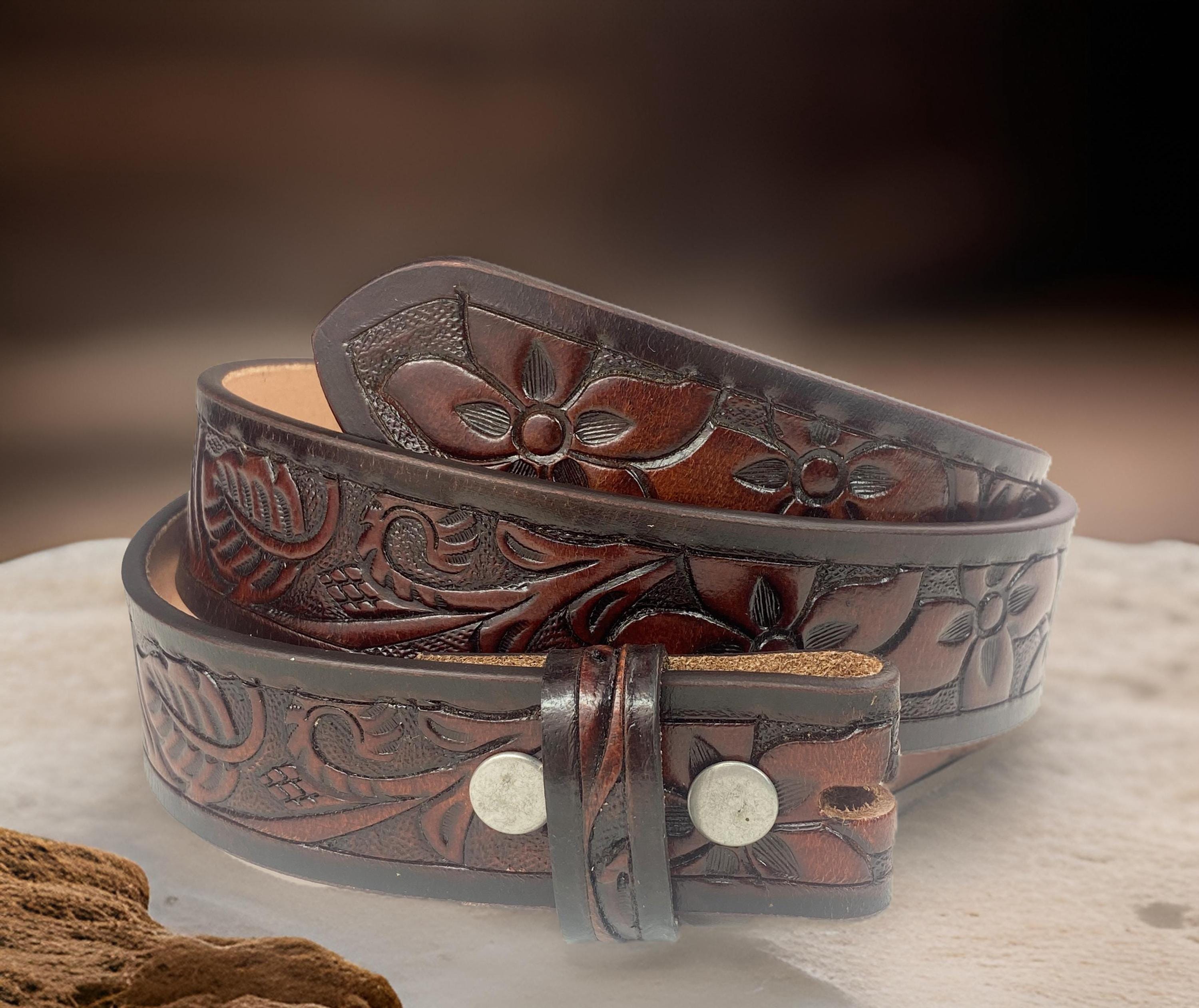 Western Skinny Vegan Leather Belt with Carved Buckle for Women - 0.8\