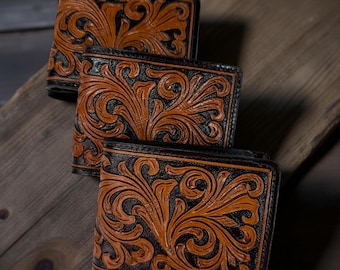 Genuine Leather Bifold Floral Wallet for Men Women Western Wallet Handmade Leather Wallets Cowboy Wallet Casual Wallet Tooled Leather Wallet