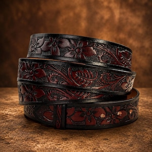 Full Grain Leather Snap-On Belt, Tooled Western Floral Engraved Leather Belt 100% Genuine Full Grain Cowhide with Snaps 1-1/2" WIDE