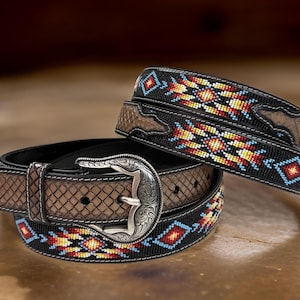 Beaded Leather Tooled Western Engraved Leather Belt 100% Genuine Full Grain Cowhide Engraved Personalized Handmade Genuine Cowboy Belt