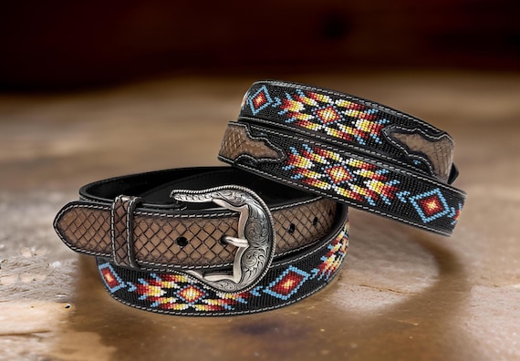 Beaded Leather Tooled Western Engraved Leather Belt 100  display picture 2