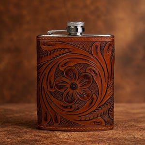 May include: A rectangular metal flask wrapped in brown leather featuring a detailed hand-tooled floral pattern with swirling leaves and a central flower. The flask has a silver-coloured screw-top cap with a hinged arm attached to the top rim.