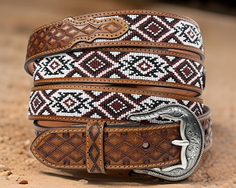 Western Beaded Full Grain Leather Belt Cowboy Cowgirl Belt Strap With Removable Buckle Personalized Engraved Carved Tooled Floral Belt Strap