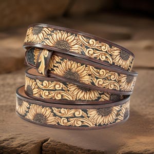Women Men Tooled Western Floral Engraved Leather Belt 100% Genuine Full Grain Cowhide with Snaps 1-1/2&quot; WIDE Leather Snap-On Belt