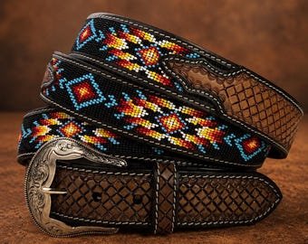 Beaded Leather Tooled Western Engraved Leather Belt 100% Genuine Full Grain Cowhide Engraved Personalized Handmade Genuine Cowboy Belt