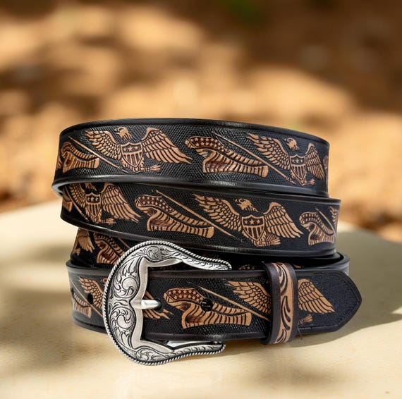 Western Belt with Interchangeable Buckle Unisex Cowboy Cowgirl Leather Belt for Black Leather & White Stitch Cowgirl Belt – Cattle Kate main image 4