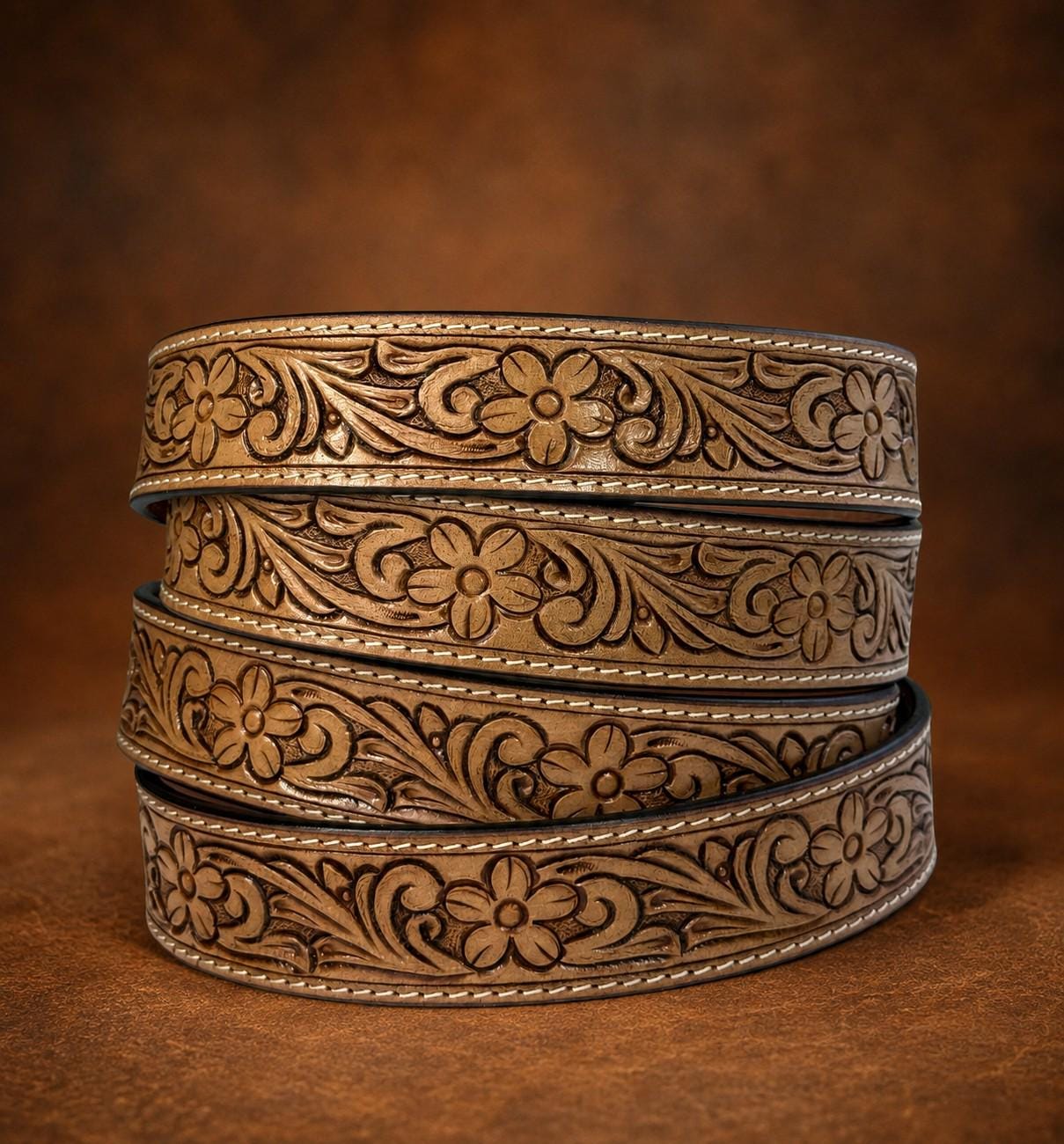Women Tooled Western Floral Engraved Leather Belt 100% Genuine Full Grain Cowhide with Snaps 1-1/2" WIDE Leather Snap-On Belt