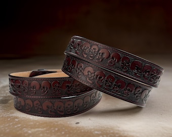 Full Grain Leather Snap-On Belt, Tooled Western Floral Engraved Leather Belt 100% Genuine Full Grain Cowhide with Snaps 1-1/2" WIDE