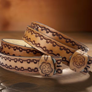 Tooled Western Floral Engraved Leather Belt 100% Genuine Full Grain Cowhide with Snaps 1-1/2&quot; WIDE Leather Snap-On Belt