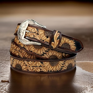 Genuine Leather Western Carved Embossed Tooled Cowboy Cowgirl Floral Strap Belt Full Grain Leather Heavy Duty Removable Buckle