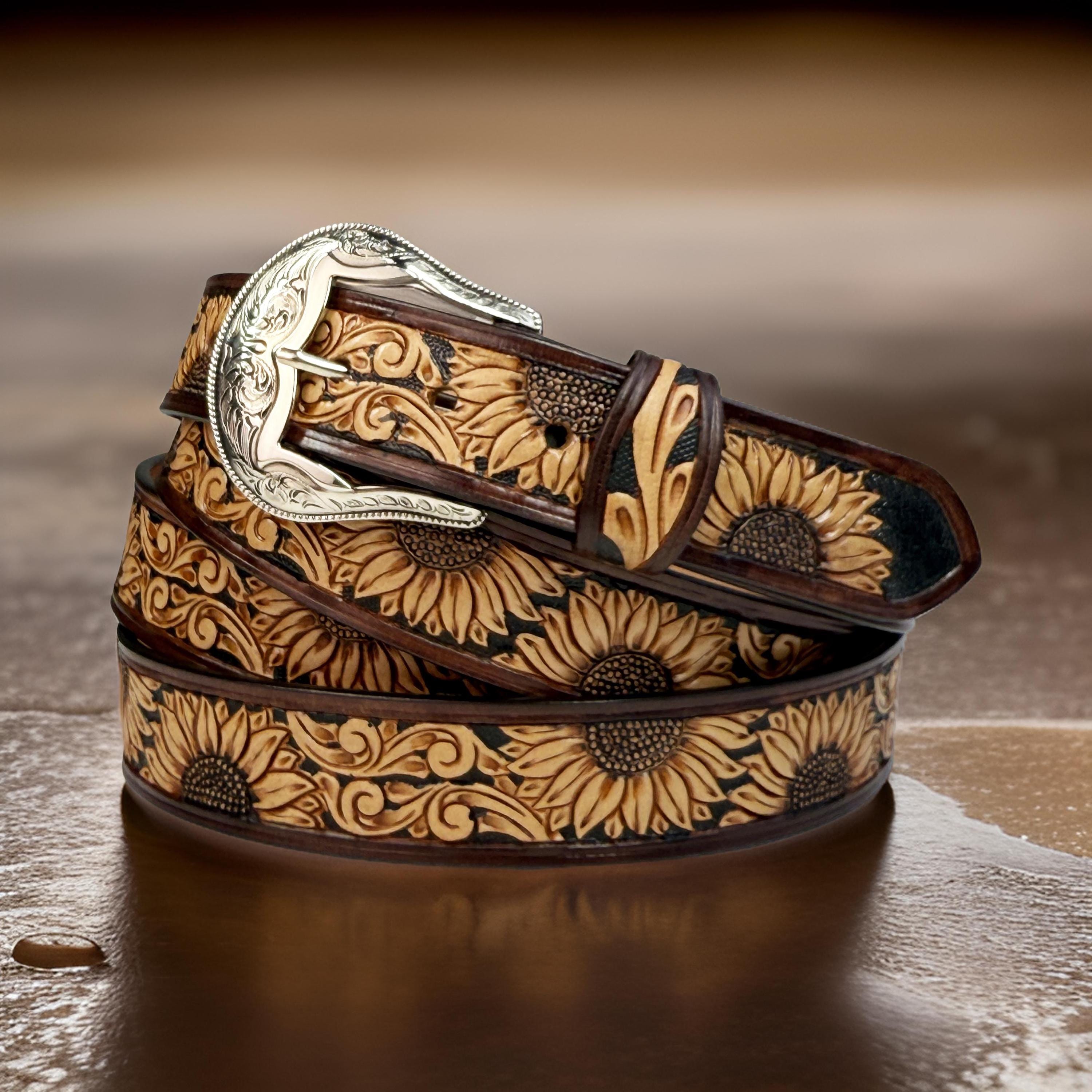 Genuine Leather Western Carved Embossed Tooled Cowboy Cowgirl Floral Strap Belt Full Grain Leather Heavy Duty Removable Buckle