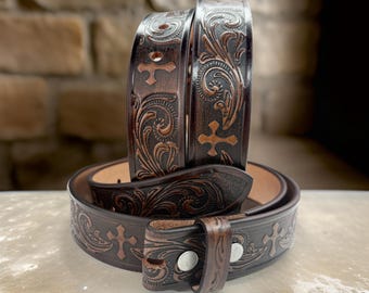 Vintage Embossed Flower Tooled Leather Western Style Belt  display picture 3