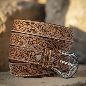 Genuine Leather Western Carved Embossed Tooled Cowboy Cowgirl Floral Strap Belt Full Grain Leather Heavy Duty Removable Buckle