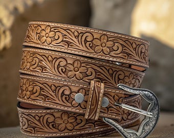 Embossed Genuine Leather Western Style Leather Honey Belt Cowboy/Cowgirl Western FGSS Women-Western-Belt with Gold-Buckle - Cowboy Cowgirl  main image 4