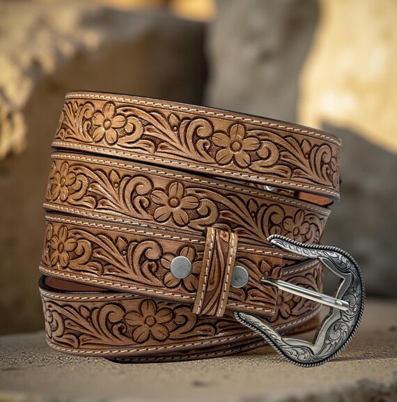Black Western Leather Belt Embossed Full Grain Leather