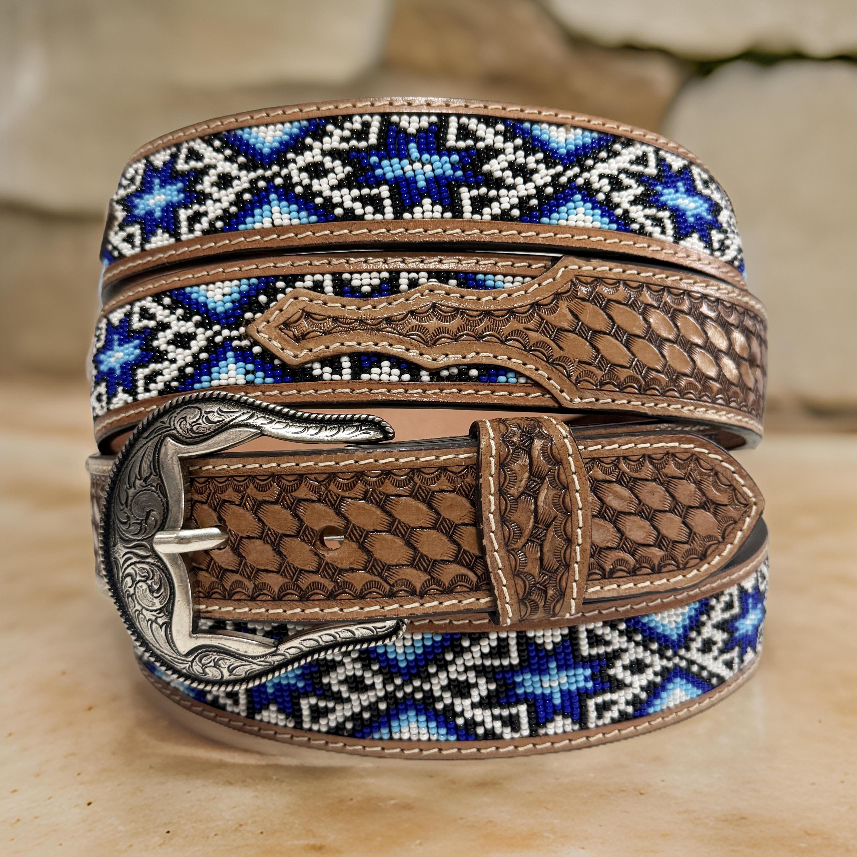 Western Beaded Full Grain Leather Belt Cowboy Cowgirl Belt Strap With Removable Buckle Personalized Engraved Carved Tooled Floral Belt Strap