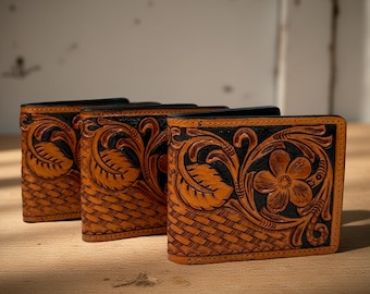 Western Leather Cowhide Wallet Personalized Leather Wallet Tooled Bifold Floral Handmade Leather Men and Women Wallet Western Accessories