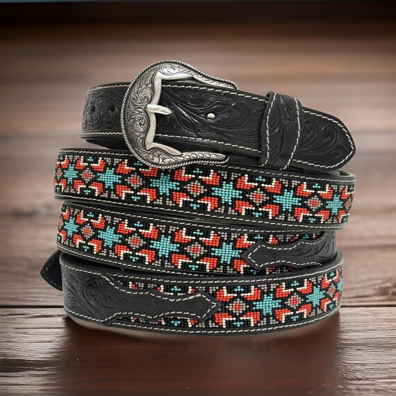 Western Beaded Full Grain Leather Belt Cowboy Cowgirl Belt  display picture 3