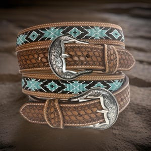 VINTAGE NATIVE TURQUOISE BEADED LEATHER BELT & MATCHING BUCKLE Navajo Victor Moses Begay VMB Signed Unworn Sterling Silver  main image 3