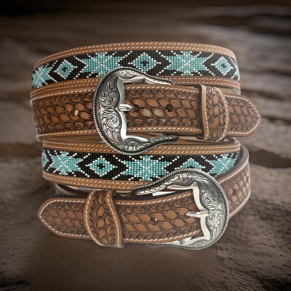 Boucle De Ceinture Western Femme Amovible - Style Bling Turquoise & Strass - Cuir Vert - Taille L Ajustable