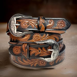 Genuine Leather Western Carved Embossed Tooled Cowboy Cowgirl Floral Strap Belt Full Grain Leather Heavy Duty Removable Buckle