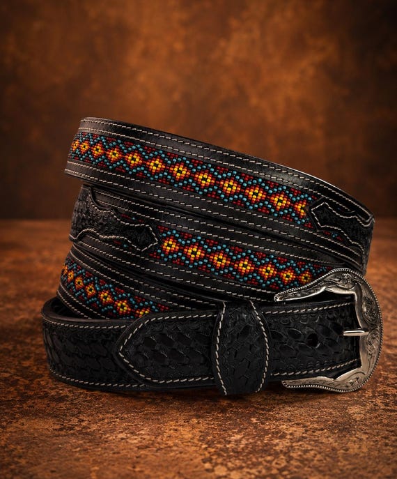 Men's Western Full Grain Leather Belt Tooled Beaded Embossed Cowboy Belt Removable Buckle Handmade Belt Strap 1.5" Rodeo Belt With Buckle