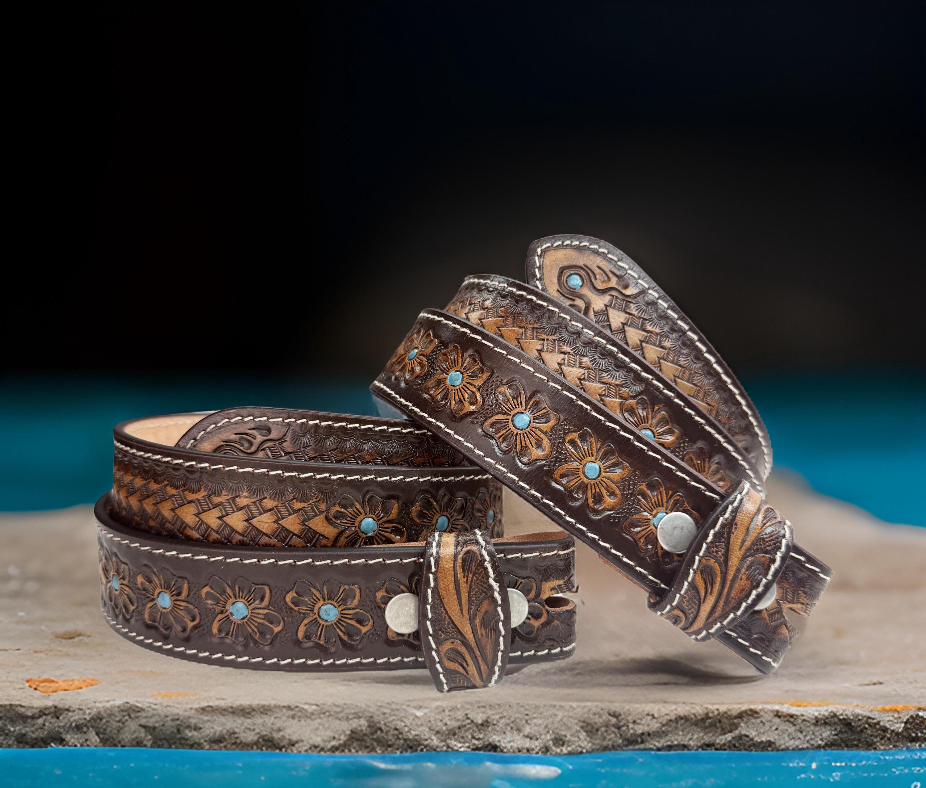 Hand Tooled Leather Belt Strap Western Floral Carved Cowhide No Buckle 38” Custom Hand Tooled Belt | Floral #2 main image 2