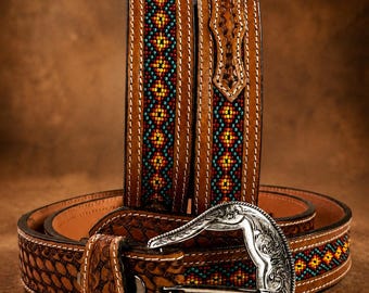 Personalized Hand Tooled Western Belt Genuine Leather Rodeo Belt Beaded Design Heavy Duty Removable Buckle