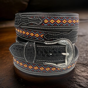 Western Full Grain Genuine Leather Belt Beaded Tooled Embossed Unisex Western Belt 1.5&quot; Wide Belt Removable Buckle