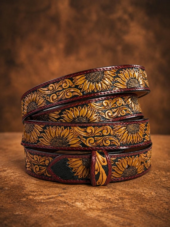 Women Men Tooled Western Floral Engraved Leather Belt 100% Genuine Full Grain Cowhide with Snaps 1-1/2" WIDE Leather Snap-On Belt