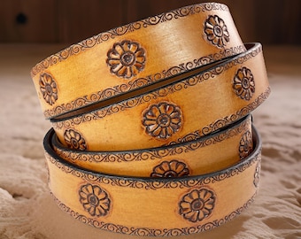 Full Grain Leather Snap-On Belt, Tooled Western Floral Engraved Leather Belt 100% Genuine Full Grain Cowhide with Snaps 1-1/2" WIDE