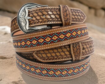 Vintage Hand-Beaded Leather Belt | Boho Western | Braided Leather Patina Buckle s-l400.jpg main image 2
