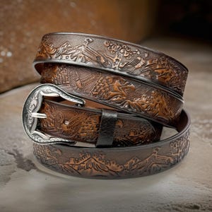 Genuine Leather Western Carved Embossed Tooled Cowboy Cowgirl Floral Strap Belt Full Grain Leather Heavy Duty Removable Buckle