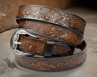 Tooled Leather Belt: Vintage Boho Floral Carved Design  display picture 1