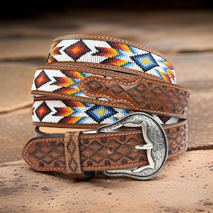 Beaded Leather Tooled Western Engraved Leather Belt 100% Genuine Full Grain Cowhide Engraved Personalized Handmade Genuine Cowboy Belt